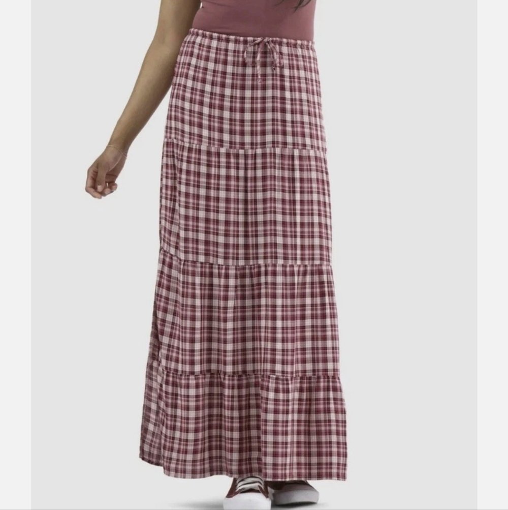 No Boundaries Pink Plaid Tiered  Maxi Skirt With Side Slits
